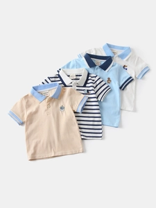 Boys short sleeve polo shirts with cute animal embroidery and striped collars in 4 colors