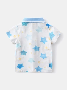 White kids' polo shirt with colorful star patterns and sky blue striped collar