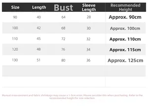 Size chart for boys long sleeve shirt showing length chest and sleeve measurements