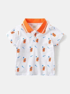 Polo bianca da bambino con stampe di orsetti arancioni e colletto a righe