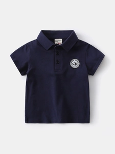 Navy blue cotton polo shirt for boys with mountain peak embroidery and classic collar