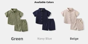 Three sets of cotton linen summer boy outfits in green, navy, and apricot colors