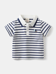 Classic blue and white striped boys polo shirt with cute animal chest embroidery