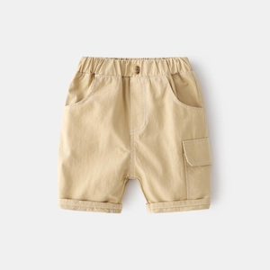 Detail of khaki cargo shorts for boys featuring elastic waist and contrast stitching