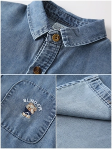 Boy's denim short sleeve shirt featuring cute bear embroidery and classic lapel collar