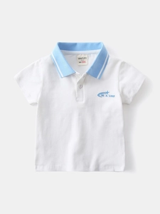 White cotton boys' polo shirt with blue striped collar and star print on the front