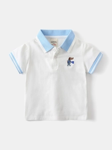 White cotton boys short sleeve polo shirt with light blue collar and cartoon dog embroidery