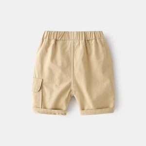 Detail of khaki cargo shorts with elastic waist and flap pocket for children