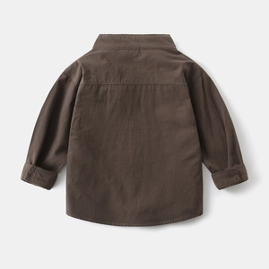 Rear view of dark brown long-sleeved cotton shirt for boys with curved shirt tail hem