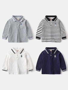 Boys Casual Long Sleeve Polo Shirt With Cartoon Bear Embroidery Contrast Stripe Collar Cotton Blend Top For School Daily Wear