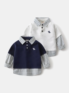 Jungen Casual Baumwollmischung Fake-Zweiteiler Sweatshirt Karierter Kragen Patchwork Langarm Pullover Britischer Schulstil Kinder Top