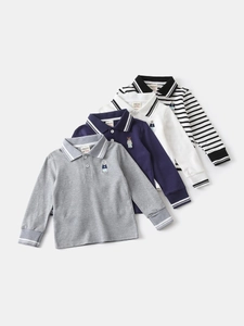 Boys long sleeve cotton polo shirts with bear embroidery in grey, navy and white