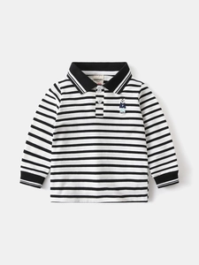 Classic boys' long-sleeve polo shirt featuring black and white stripes and bear embroidery