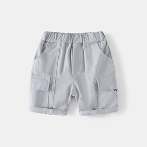 Detailed view of light gray cotton cargo shorts with side pockets and embroidery