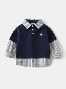 Dunkelblaues Jungen-Sweatshirt im Lagen-Look mit Karokragen und Reiter-Stickerei