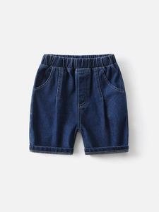 Boys Summer Denim Shorts Solid Color Soft Cotton Blend Elastic Waist Casual Cuffed Half Pants For Kids Toddlers