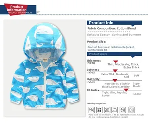Detail view of boys' light blue hooded windbreaker with white whale patterns and fabric specs