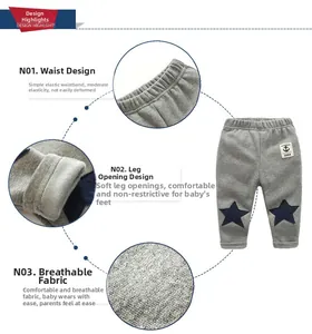 Detail view showing elastic waistband, star patchwork and knitted texture of gray kids pants