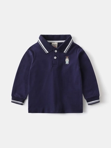 Classic navy blue long-sleeve polo shirt for boys with teddy bear embroidery and white stripes