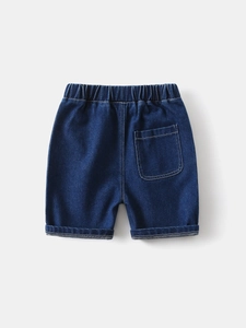 Classic dark blue boys' denim shorts with elastic waistband and back pocket