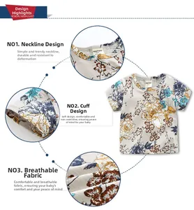 Detail view of cotton slub fabric and floral pattern on boys short sleeve summer t-shirt