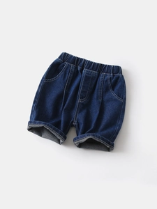 Boys deep blue denim shorts with elastic waistband and folded hem for toddlers