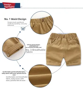 Detail view of khaki cotton shorts showing elastic waistband and breathable fabric texture
