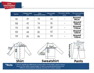 Detailed size chart for kids' cartoon windbreaker with measurements for height 90-130cm