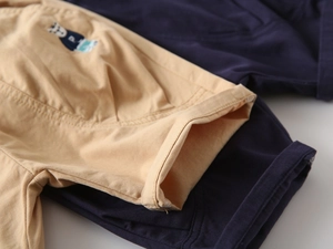 Detailed close-up of bear embroidery and stitching on cotton twill boys' shorts