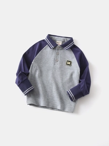 Polo a Manica Lunga da Ragazzo in Misto Cotone Patchwork Top con Applicazione Lettera e Colletto a Righe Casual per Bambini