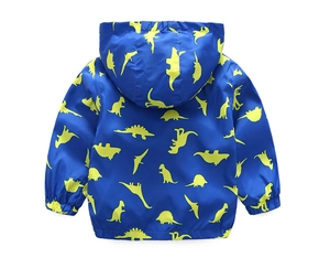Back view of a blue kids windbreaker featuring yellow dinosaur print and elastic hem