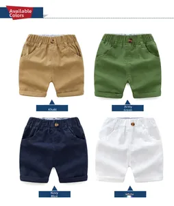 Detail view of cotton kids shorts in khaki, army green, navy blue and white colors