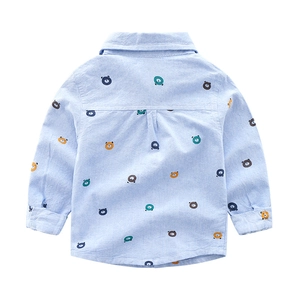 Toddler boys' light blue long sleeve oxford shirt with all-over colorful bear pattern