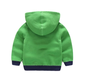 Vue arrière du sweat à capuche enfant vert fruit avec poignets et ourlet bleu marine