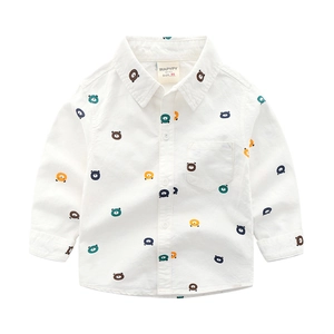 White cotton long-sleeve boys shirt with all-over colorful bear prints and oxford collar
