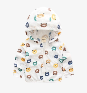 Detail of toddler zipper hoodie with colorful bear prints and breathable mesh fabric