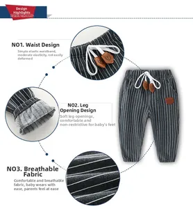 Detail view of boys striped casual pants featuring elastic drawstring waist and ribbed cuffs