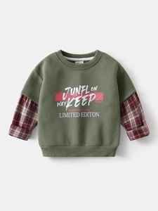 Army green boy's sweatshirt with fake two-piece layered sleeves and plaid pattern