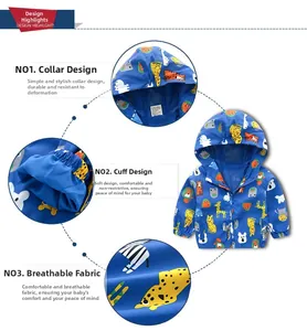 Detail of royal blue hooded jacket for kids featuring mesh lining and animal patterns