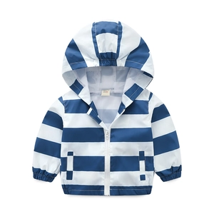 Detail of blue and white striped kids hooded jacket with breathable mesh lining