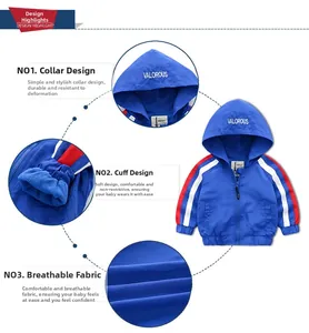 Détails d'une veste à capuche bleue épaisse pour garçon avec bandes et doublure polaire