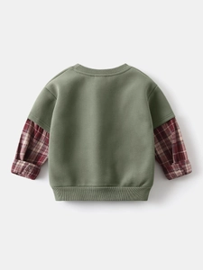 Olive green boys sweatshirt with plaid layered sleeve design and ribbed cuffs