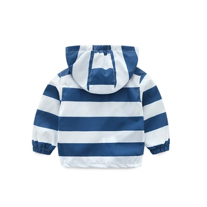 Back view of boys windproof striped hooded jacket with elastic cuffs and hem