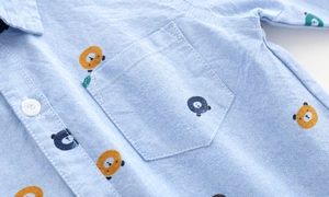 Detailed view of kids oxford shirt with bear print, pocket and button details