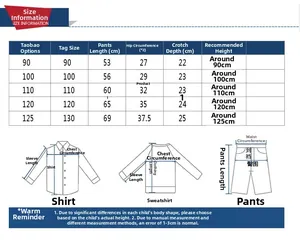 Size chart with measurements for children's star pattern winter trousers and fleece pants