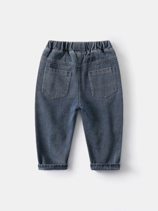 Classic dark blue boys vintage washed denim jeans with elastic waist and cuffed hems