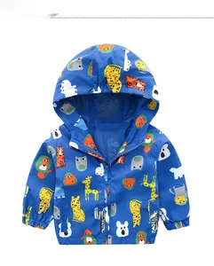 Close-up of blue toddler jacket with breathable mesh lining and cartoon animal prints