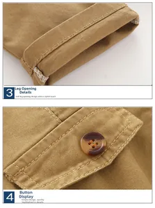 Detail of khaki cotton trousers showing rolled cuffs and tortoise shell buttons