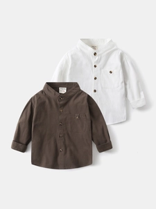 Boys Casual Cotton Long Sleeve Shirt Mandarin Collar Solid Color V Neck Top For Kids Spring Autumn Fashion