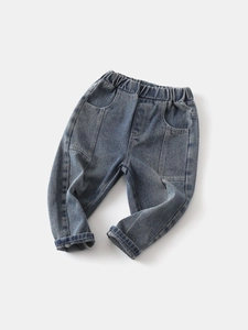 Classic blue washed denim jeans for boys with elastic waist and casual patchwork style